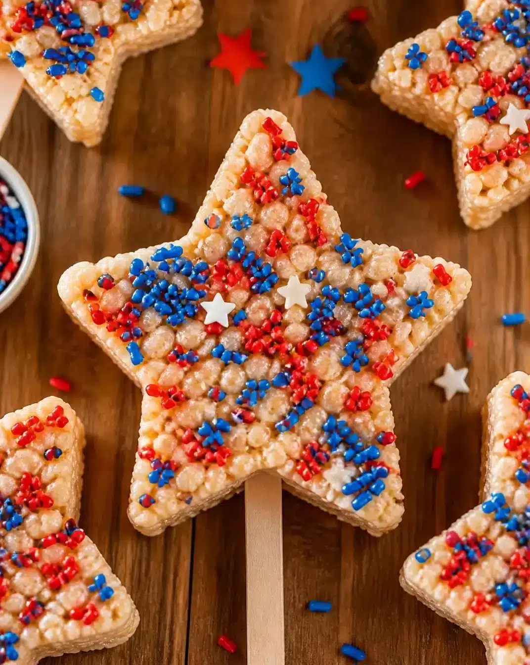 Patriotic Stars and Stripes Cereal Treats displayed on a festive table