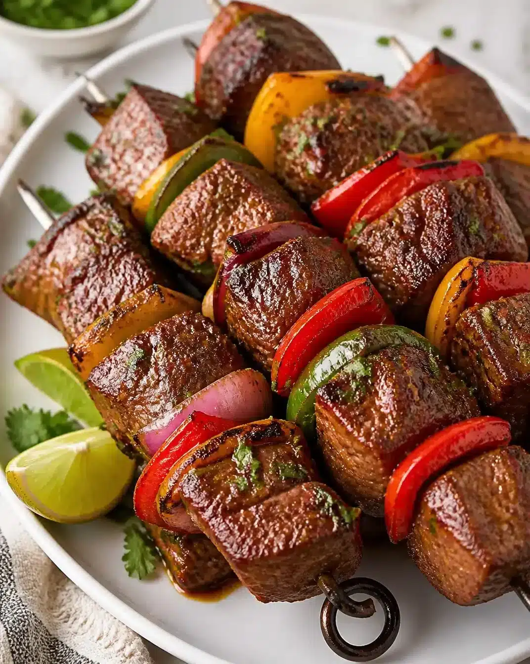 Delicious Steak Fajita Kebabs with peppers and onions on skewers
