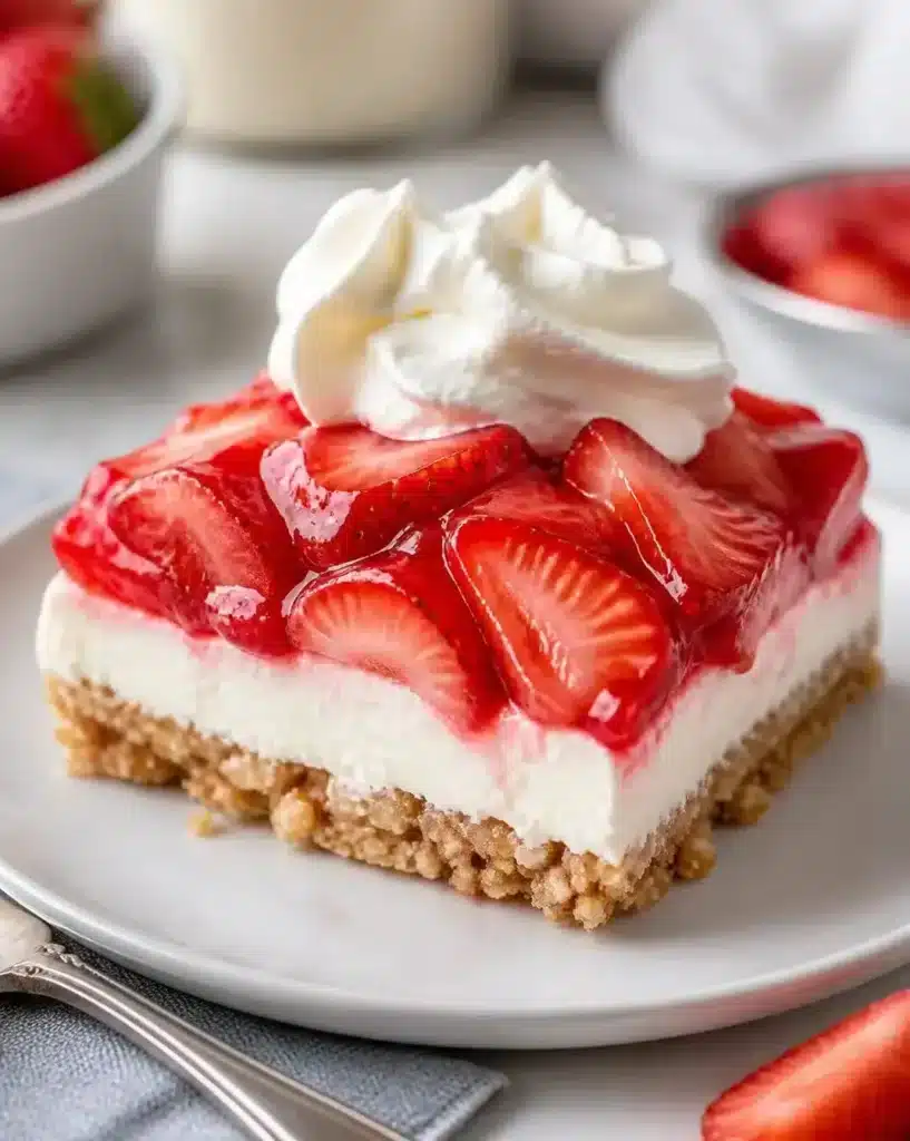 Strawberry Pretzel Salad served as a finished recipe