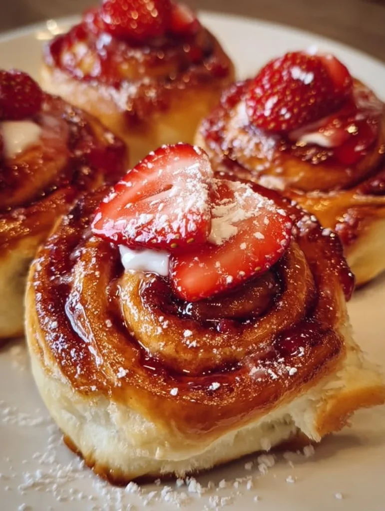 Delicious homemade strawberry swirl cinnamon rolls with icing.