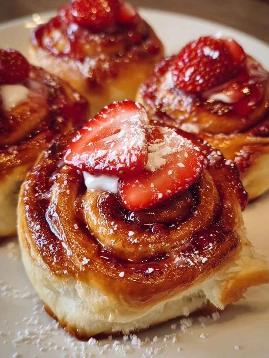 Delicious homemade strawberry swirl cinnamon rolls with icing.