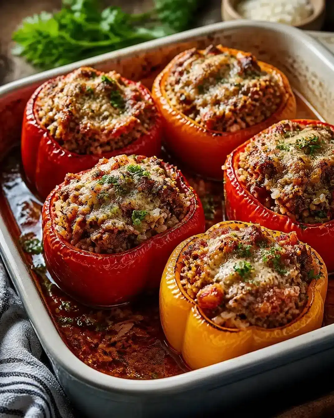 Colorful stuffed peppers filled with rice, meat, and vegetables