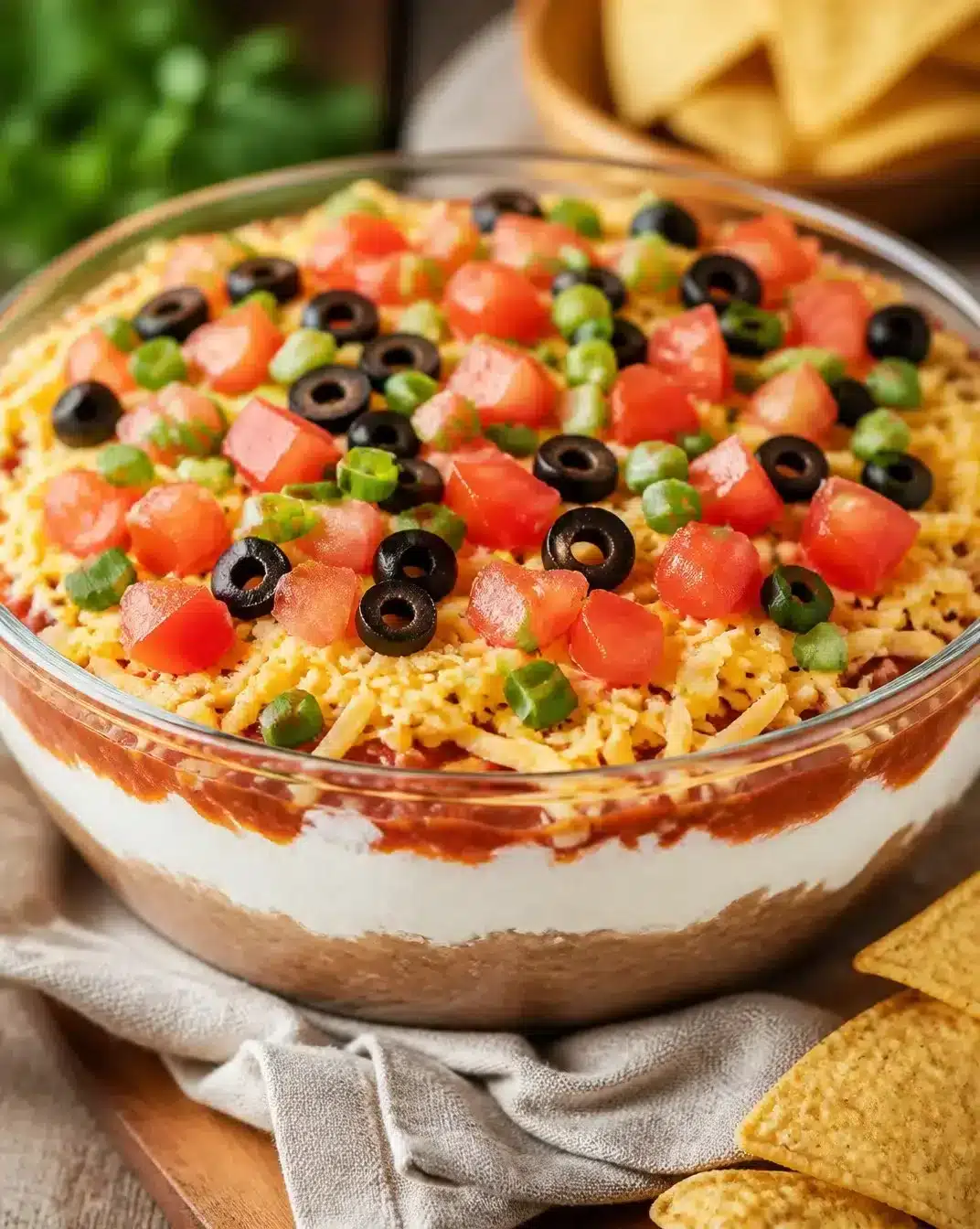 Delicious layered taco dip served with tortilla chips