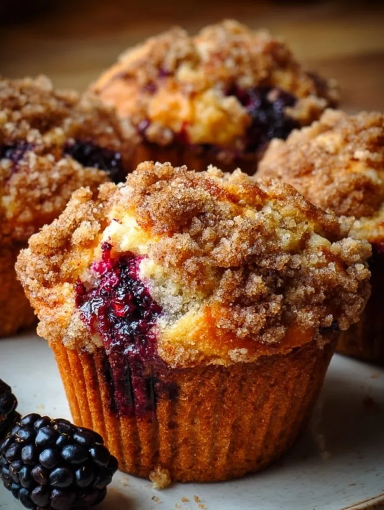 Tender blackberry muffins topped with crumbly streusel topping.
