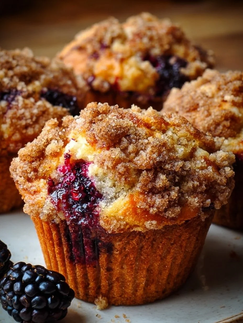 Tender blackberry muffins topped with crumbly streusel topping.