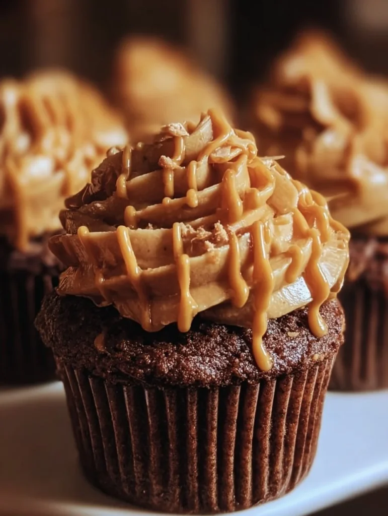 Delicious Reese's peanut butter cupcakes topped with chocolate frosting and Reese's pieces.