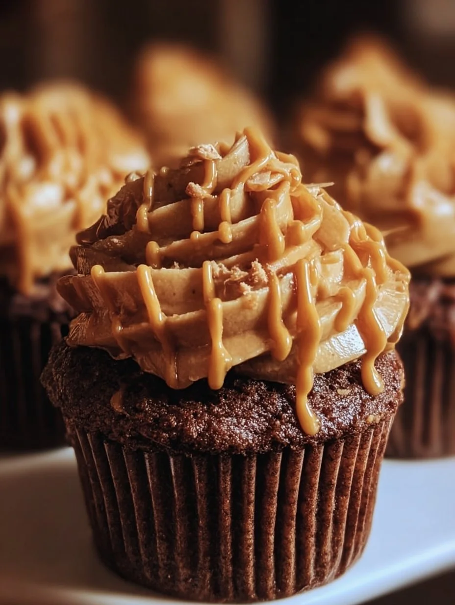 Delicious Reese's peanut butter cupcakes topped with chocolate frosting and Reese's pieces.
