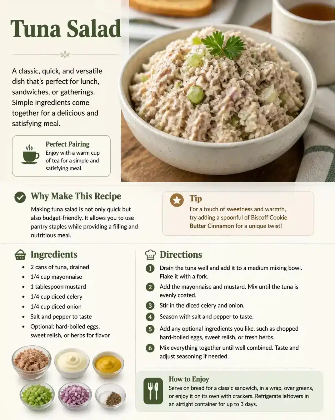 A bowl of traditional tuna salad with fresh vegetables and dressing.