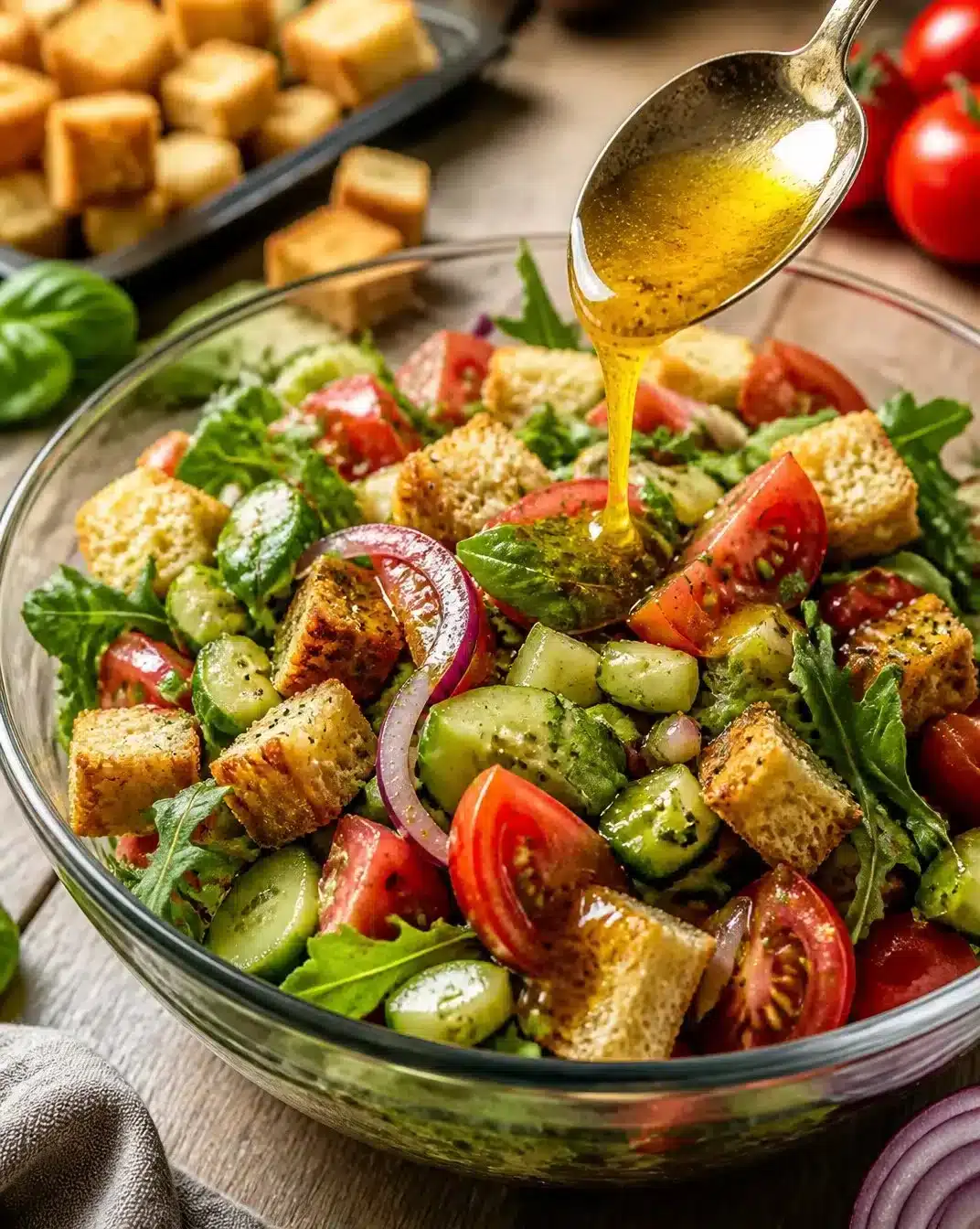 Tuscan tomato and bread salad served in a bowl with fresh ingredients