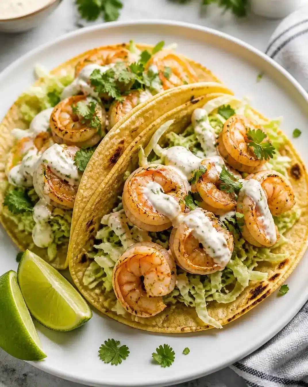 Plate of ultra easy shrimp tacos with fresh toppings and lime slices