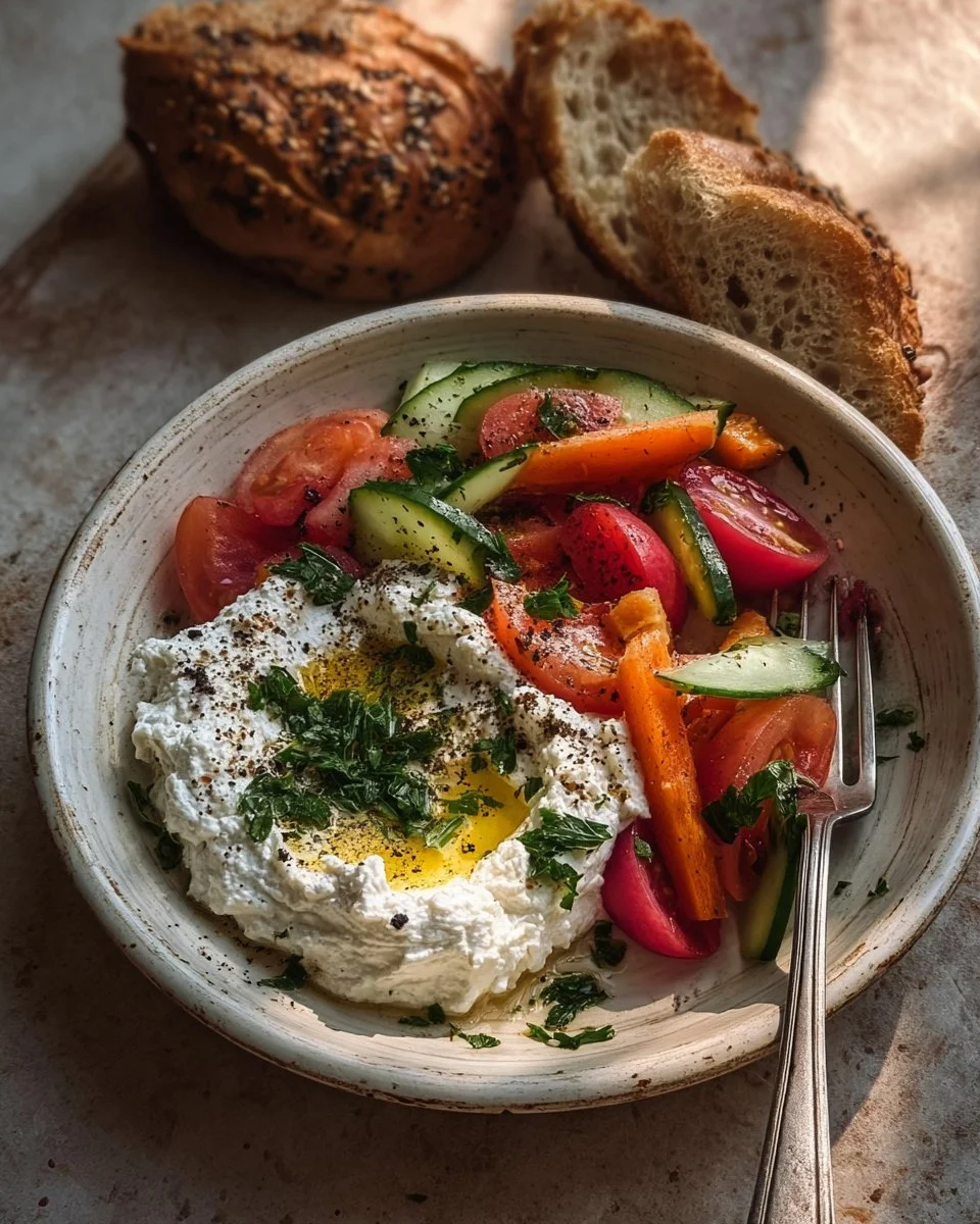Creamy labneh served with a colorful fresh vegetable medley.