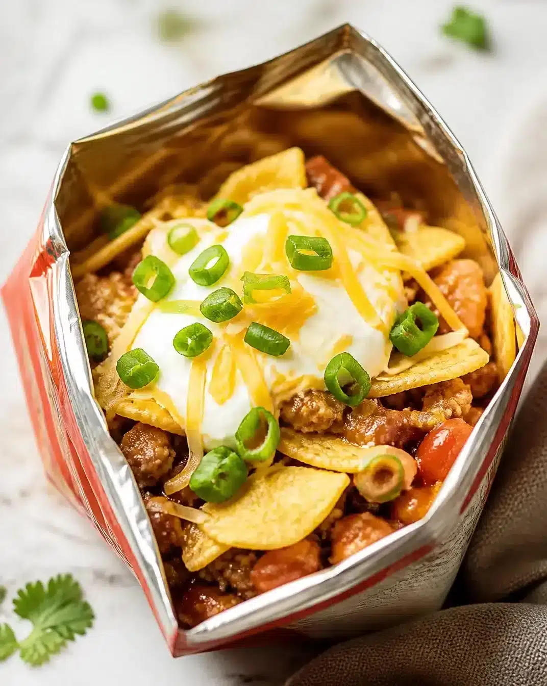 A colorful bowl of walking tacos filled with toppings, perfect for outdoor events