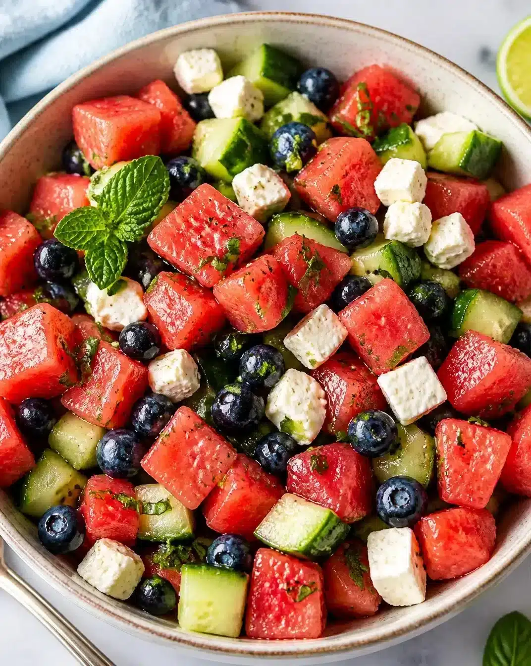 Watermelon and Feta Salad 1 A colorful Watermelon Feta Salad served in a bowl with mint leaves.