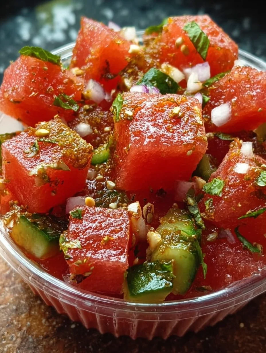 Watermelon Tajín Crunch Cups with pickles served in clear cups
