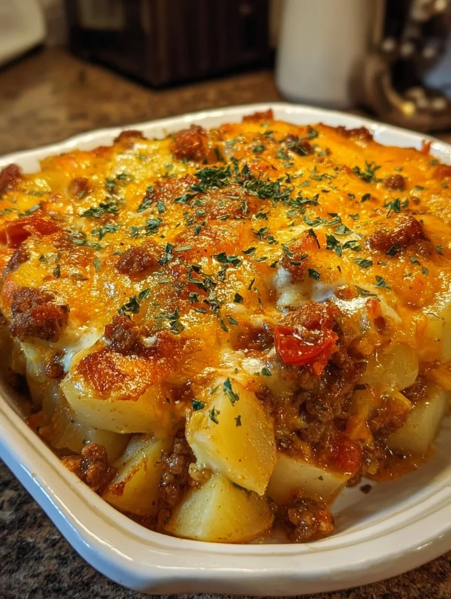 Delicious and hearty Hobo Casserole with cheesy potatoes baked to perfection.