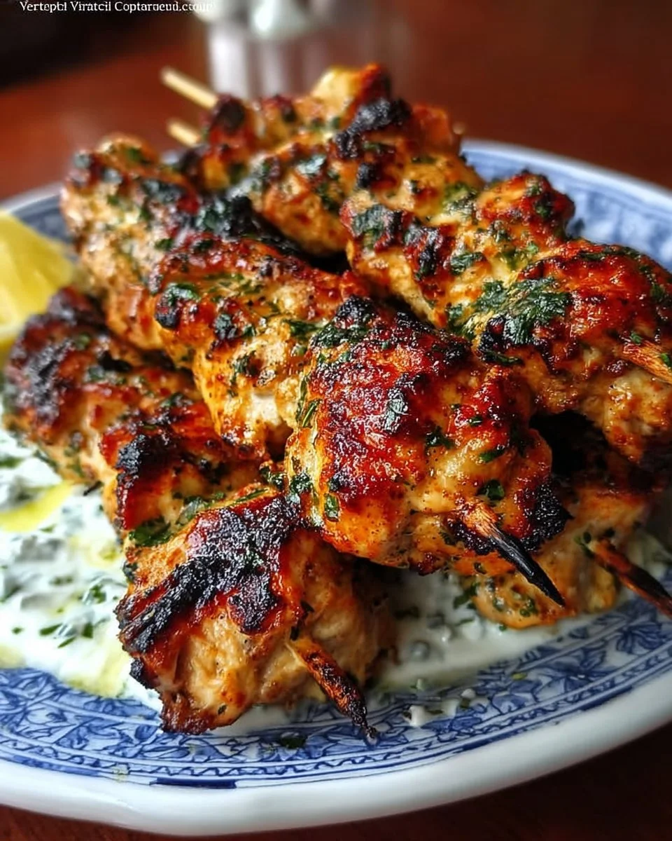 Yogurt-marinated chicken kebabs ready for grilling