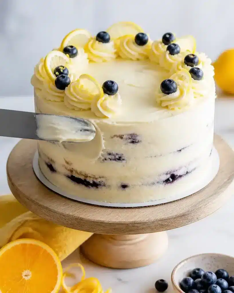 Zesty Lemon Blueberry Cake served as a finished recipe