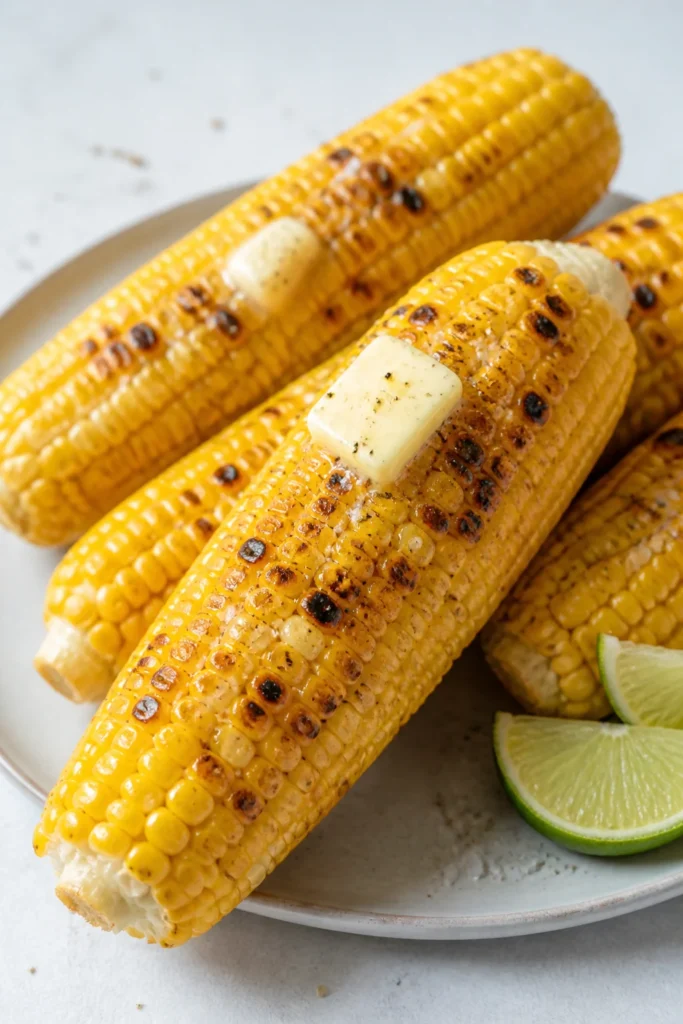 Grilled corn on the cob with butter and lime