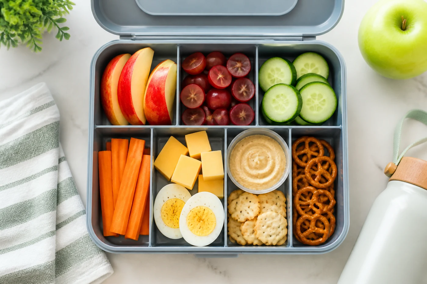 50+ Easy Kids School Snack Ideas for Lunchboxes 3 Healthy school lunchbox with fruit, vegetables, protein, hummus, and crackers