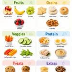 Printable chart with easy kids school snack ideas for lunchboxes