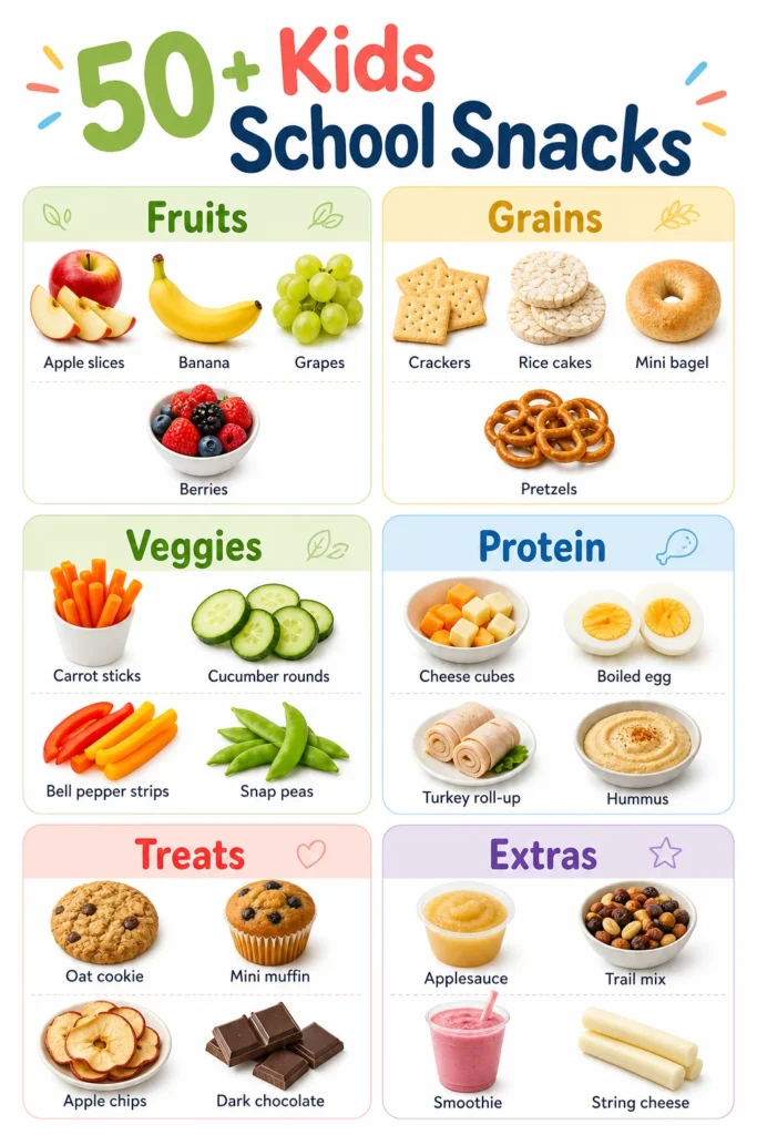 Printable chart with easy kids school snack ideas for lunchboxes