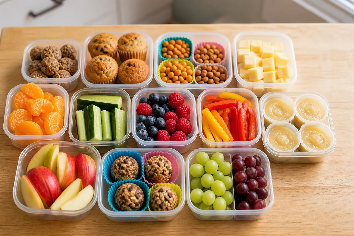 50+ Easy Kids School Snack Ideas for Lunchboxes 4 Weekly school snack meal prep containers with fruits, vegetables, cheese, and muffins